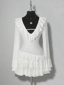 SHEIN ICON Women's Cute Sweet Girl Millennial Style Y2K Pure Desire Style Princess Banquet Dance Dress Mesh Multi-Layer Ruffle V-Neck Trumpet Sleeve Elegant White Mini Dress - White - View 3