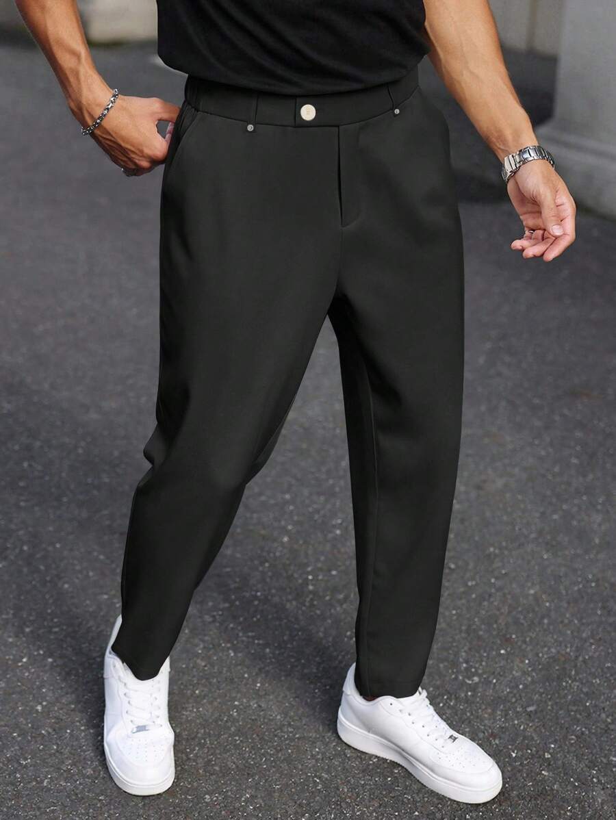 Calvornis Men's Suit Pants, Commuter Casual Versatile Straight-Leg Suit Pants, Waist Rivet Design Men Black Dress Pants Men Church Pants Men High Waisted Pants Black Pants - Black - View 1