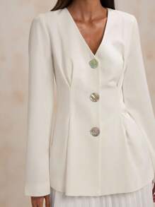 SHEIN BAE Ensemble veste blazer à simple boutonnage et jupe plissée simple pour femmes, pour le travail - Blanc - Voir 7