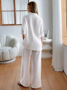 EURMUSE 2 Pcs, Cotton, Long Sleeve Shirt And Straight Fit Pants - White - View 2