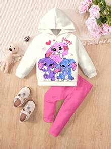 SHEIN Happikins 2pcs Baby Girl Cute White Autumn Outfits,Kawaii Cartoon Pink Rabbit&Stitch Graphic Sweatshirt And Pants Set,Matching Family Party Clothes - Multicolor - View 2