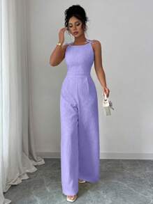 Elenzga 女士优雅连体裤，肩部蝴蝶结装饰，提花面料，收腰，阔腿，适合日常通勤 - 紫色 - 查看 7
