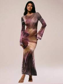 MUSERA Vestido maxi de manga larga ajustado con estampado floral de punto, de malla transparente, para invierno, verano, vacaciones, salida nocturna, cita, boda, fiesta, elegante, Ibiza, ocasión, femenino, lindo, chic - Multicolor - Ver 1