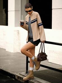 Hanevo 女士休闲时尚街头撞色条纹印花宽松版型夹克，春秋 - 卡其色 - 查看 3