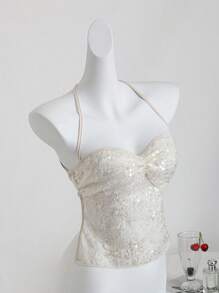 SHEIN Unity Áo hai dây đính hạt gợi cảm cho nữ - trắng - Xem 6