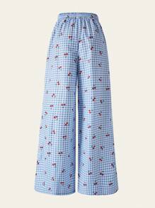 SHEIN Teen Girl Casual Fashion Woven Digital All-Over Checkerboard Cherry Print Pleated Waist Drawstring Comfortable Pants - Blue and White - View 5