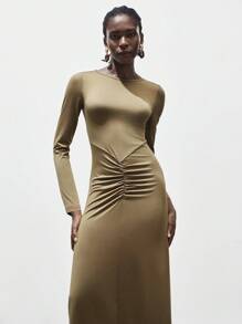 Lumivelle Robe midi moulante élégante à col rond fendue et froncée pour femmes, style Maillard, vêtements pour l'université - Tabac - Voir 1