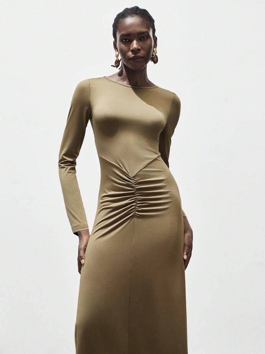 Lumivelle Robe midi moulante élégante à col rond fendue et froncée pour femmes, style Maillard, vêtements pour l'université - Tabac - Voir 1