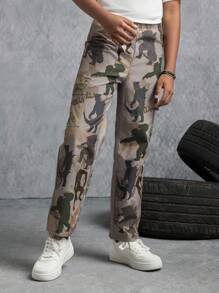 GODZILLAxKONG X SHEIN Pantalones cargo rectos de cintura elástica con estampado de monstruo, estilo casual y moderno para niño preadolescente - Verde militar - Ver 5