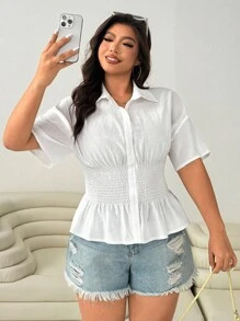 Solflare Women's Plus Size White Summer Silky Smart Casual Everyday Shirred Solid Button Up Shirt,Business Casual Long Sleeve Simple Top Comfort - White - View 3