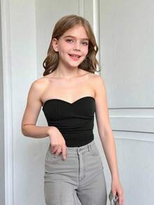 Tween Girl 休闲修身褶饰弹性针织纯色罗纹短款无袖背心，灰色 - 黑色 - 查看 1