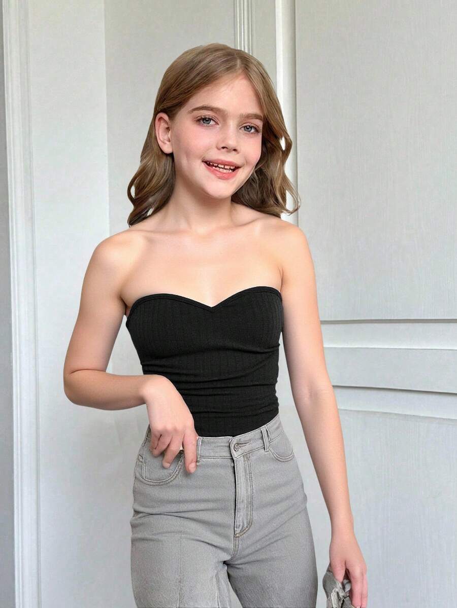 Tween Girl 休闲修身褶饰弹性针织纯色罗纹短款无袖背心，灰色 - 黑色 - 查看 1