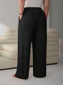 SHEIN EZwear 大码女式休闲纯色抽绳腰宽松阔腿裤 - 黑色 - 查看 2