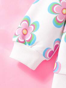 THE POWERPUFF GIRLS X SHEIN 2 件女婴可爱花卉、泡泡、毛茛图案圆领长袖运动衫和撞色裤子宽松秋冬套装 - 粉色 - 查看 9