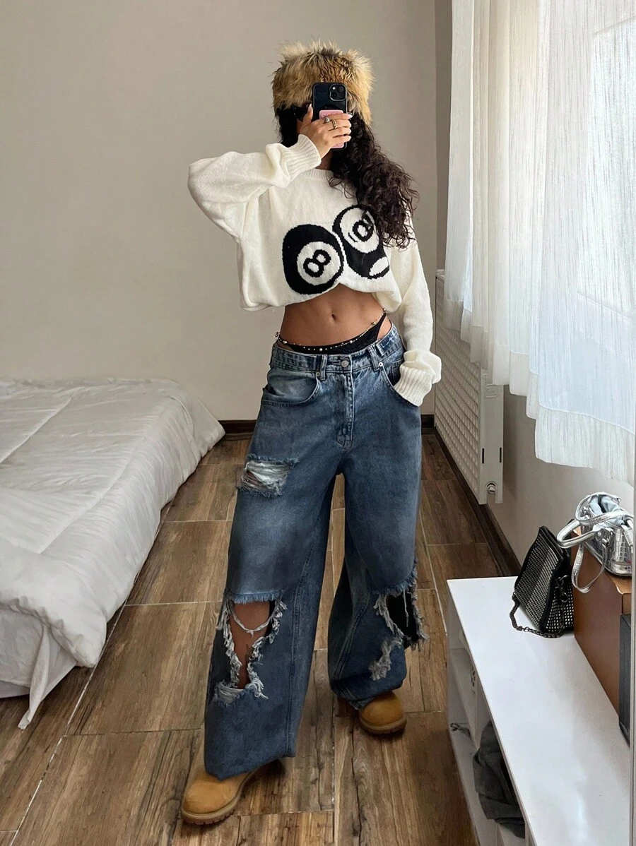 StreetHx Streetwear Women Solid Color Jacquard Billiards Casual Long Sleeve Sweater Top Knit Pullover Fall Winter - White - View 1