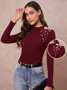 Amorya Women's Knitted Long Sleeve Fitted Elegant T-Shirt With Faux Pearl Decor