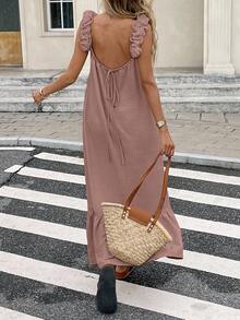 Serisse 女式纯色 3D 花卉装饰荷叶边下摆休闲连衣裙 - 藕粉色 - 查看 7