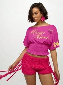 SUMWON WOMEN Camiseta corta de fútbol con hombros descubiertos, cintura fruncida, para verano, festivales, conciertos, redes sociales, bajo con volantes, uso casual, para vacaciones y fiestas