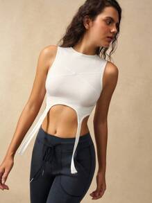 VARSIVA 女式健身上衣 女式简约纯色不对称下摆罗纹运动背心，夏季 - 白色 - 查看 1