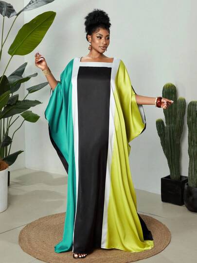 Maweii Vestido casual de talla grande para mujer con cuello cuadrado, mangas murciélago y bloques de color