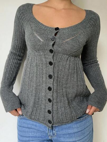 SHEIN EZwear Damkofta med rund hals och knappar fram, enfärgad, höst/vinter