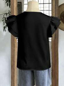 Mellowie 休闲简约风黑色圆领双层荷叶边袖女衬衫，百搭初秋 - 彩色 - 查看 7