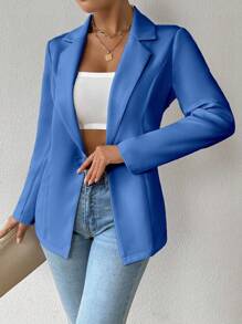 SHEIN Unity 女士休闲纯色长袖斑驳翻领西装外套 - 水鴨藍 - 查看 4