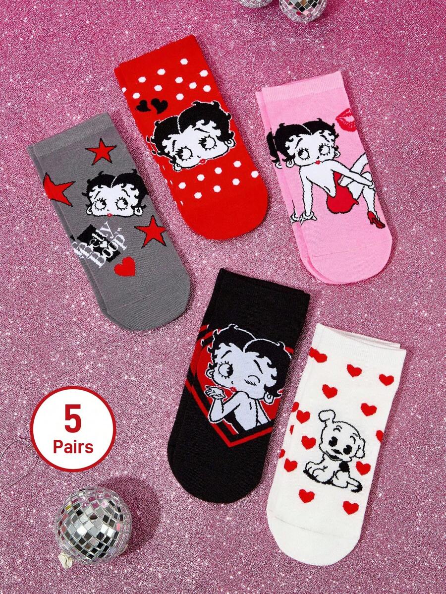 Betty Boop x SHEIN 5 Pairs Soft & Breathable Moisture-Wicking Casual Women Ankle Socks With Heart & Dog Fashionable And Cute Colorful Short Socks Reinforced Toe & Heel For Durabiliy Sumner All-Match,Gift Ideas,Party,Holiday,Valentine's Day - Multicolor - View 1