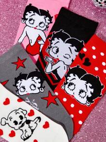 Betty Boop x SHEIN 5 Pairs Soft & Breathable Moisture-Wicking Casual Women Ankle Socks With Heart & Dog Fashionable And Cute Colorful Short Socks Reinforced Toe & Heel For Durabiliy Sumner All-Match,Gift Ideas,Party,Holiday,Valentine's Day - Multicolor - View 3