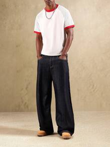 Áo thun tay raglan phong cách retro SUMWON, phối lưới, thiết kế viền cổ, kiểu áo bóng chày, áo thể thao thường ngày mùa hè, phong cách đường phố, màu trơn. - Nhiều màu - Xem 4