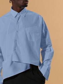 Musero Asymmetrical Long Sleeve Button Through Shirt Front Pocket Detailing Boxy Oversized Fit  Spring&Summer - Blue - View 2