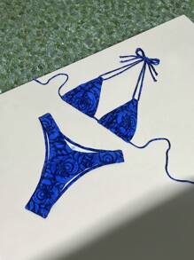 SHEIN Swim 夏季沙灘女性度假植物印花領口頸帶比基尼套裝 - 彩色 - 查看 5
