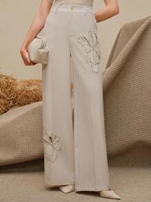 Anewsta 奢华刺绣亮片串珠3D花卉图案女式阔腿裤，杏色