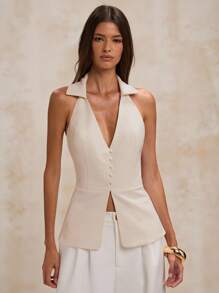 SHEIN BAE 秋季女士极简通勤交叉露背西装外套，通勤装，教师装，白色，露背马甲，性感出镜 - 米色 - 查看 2