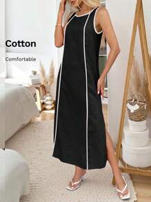 Easowa 春夏浪漫度假无袖圆领开衩下摆红粉色连衣裙，适合休闲浪漫度假，日常休闲通勤穿着