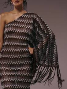 MUSERA 不对称单肩条纹针织镂空流苏修身长裙，质感轻盈，适合冬季、夏季、度假、夜晚外出、约会、婚礼、生日派对、俱乐部、性感早午餐、外出游轮派对、优雅的伊比沙岛场合，少女可爱长裙 - 彩色 - 查看 2