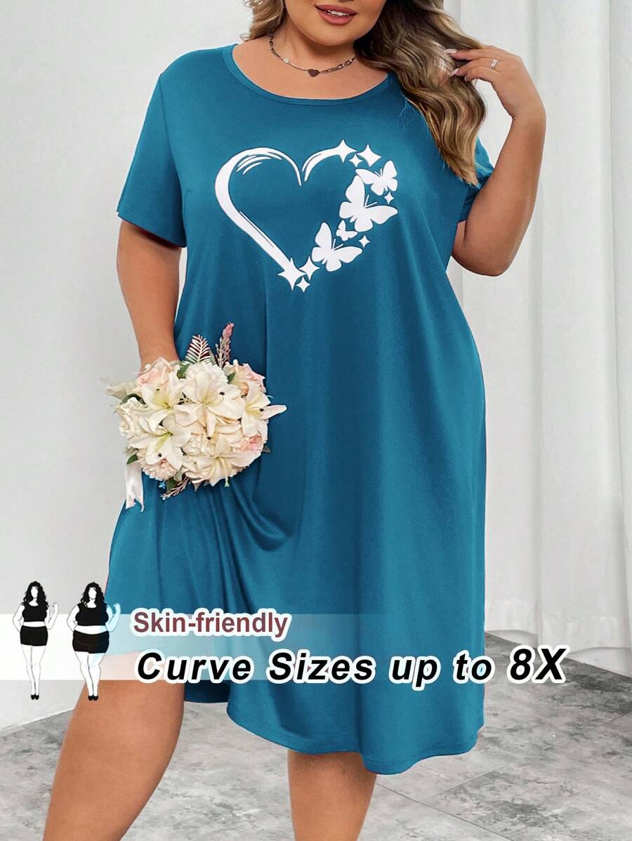 SHEIN CURVE+ Curve Plus 红色心形印花长裙，情人节 - 綠色 - 查看 1