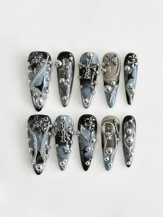 Grunge Punk 10 pezzi Unghie finte di alta qualità stile Y2K Baddie con catena a croce e perline d'argento dipinte a mano + 3 pezzi Adesivi per unghie dipinti a mano rimovibili e riutilizzabili con contrasto sfumato, adatti per vacanze, feste, balli e uso quotidiano, Ognissanti