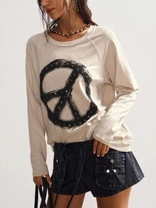 Bohemela 波西米亚风女士休闲长袖宽松水洗和平图案铆钉装饰T恤，复古西部乡村风格，适合音乐会、度假、返校季，秋冬季穿着。 - 卡其色 - 查看 6