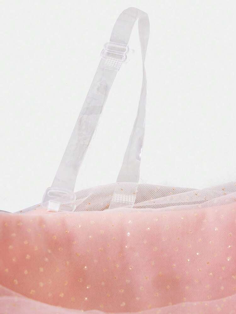 SHEIN Tween Girl Elegant Pink Glitter Mesh Ruffle Asymmetric Shoulder Dress Pitira Pitira Fern Glow Tween Girls Cute Purple Mesh Ruffle Trim Sleeveless Summer Sundress Graduation Dress - Multicolor - View 5