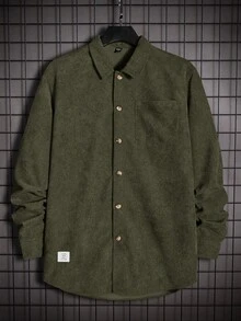 Manfinity VCAY Bộ 2 món áo và quần dài tay tối giản cài nút phía trước màu trơn dành cho nam, trang phục mùa thu, trang phục ấm áp - xanh quân đội - Xem 11