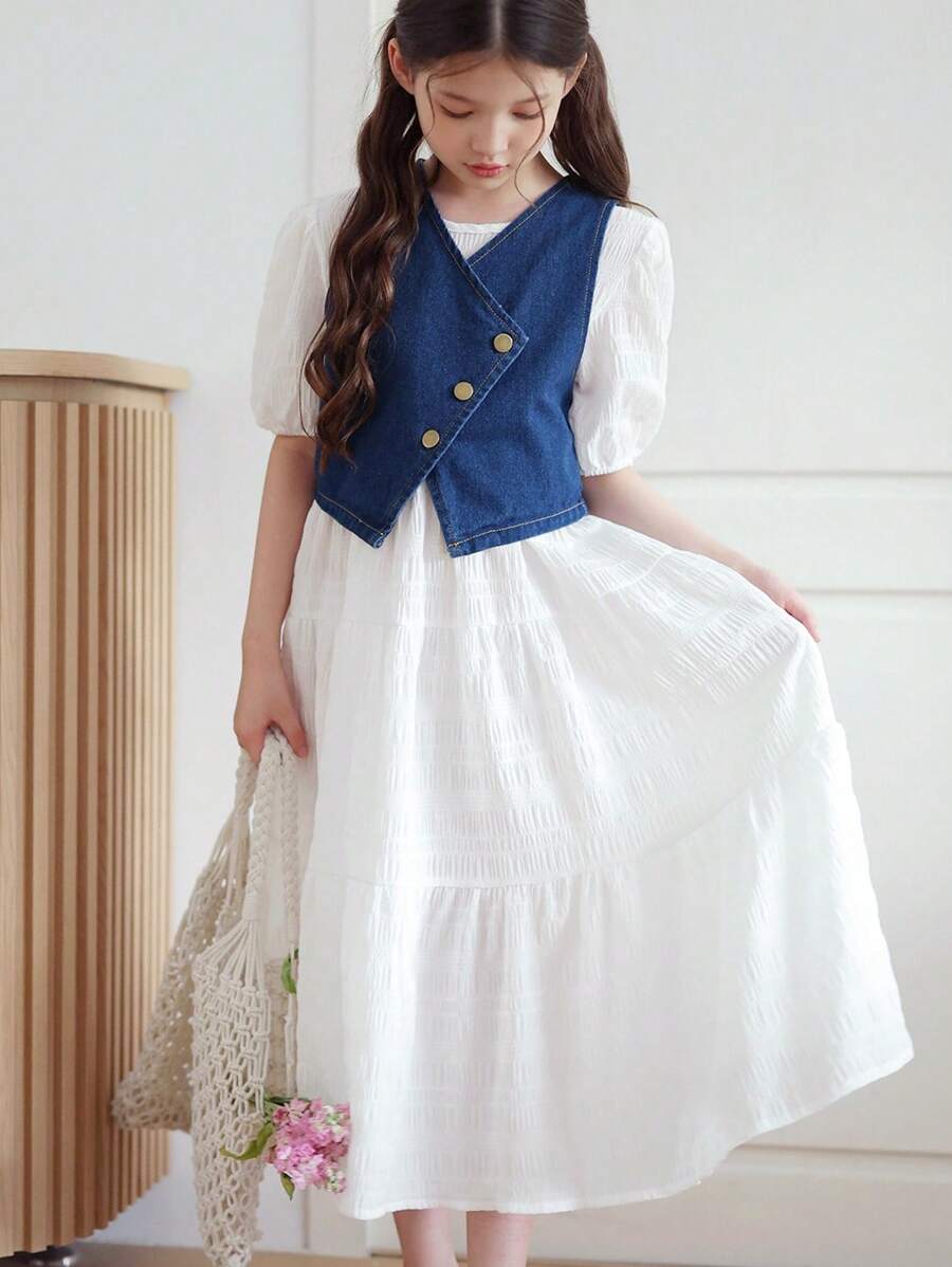 2 Pieces Set: Oversized Puff Sleeve Round Neck Dress & Denim Sleeveless Crop Top Vest For Tween Girl, Versatile School Style Outfit - White - View 1