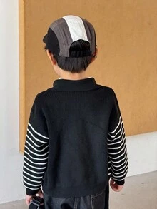 SHEIN 男童休闲黑白条纹前拉链针织夹克 - 黑與白 - 查看 3