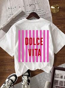 TaskSense Letter & Stripe Print Casual Round Neck Short Sleeve T-Shirt, Versatile For Summer - White - View 6