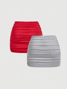 SHEIN MOD Plus Size Women's Multi-Pack Bodycon Mini Skirts, Casual & Versatile - Red - View 2
