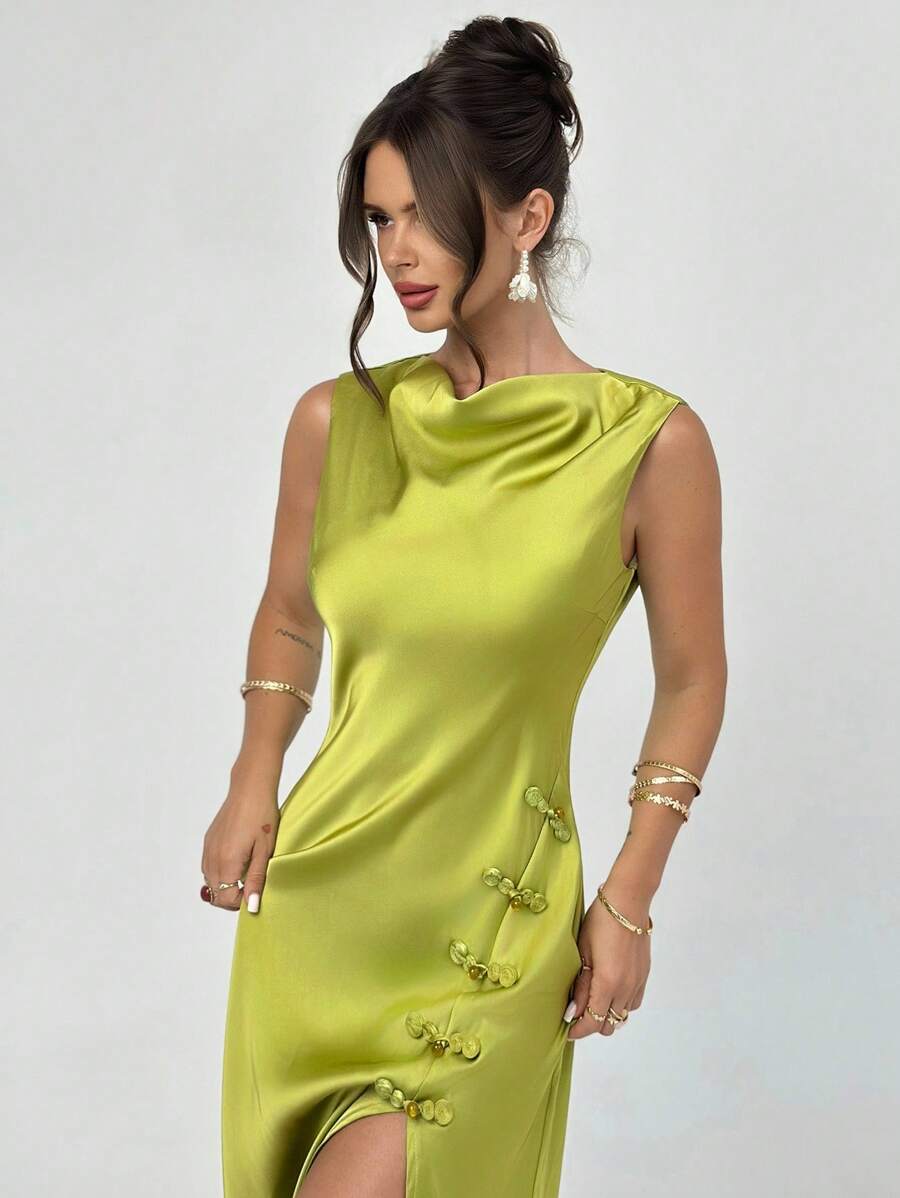 Firerie 女士优雅、浪漫、迷人的绿色缎面船领无袖纽扣装饰开衩下摆修身及地长裙，适合派对、庆典、正式场合、毕业典礼、婚礼作为宾客着装，夏季和秋季 - 綠色 - 查看 1