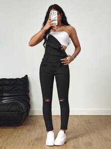 SHEIN Tall Solid Color Elastic Distressed Skinny Denim Bib Overalls - Black - View 4