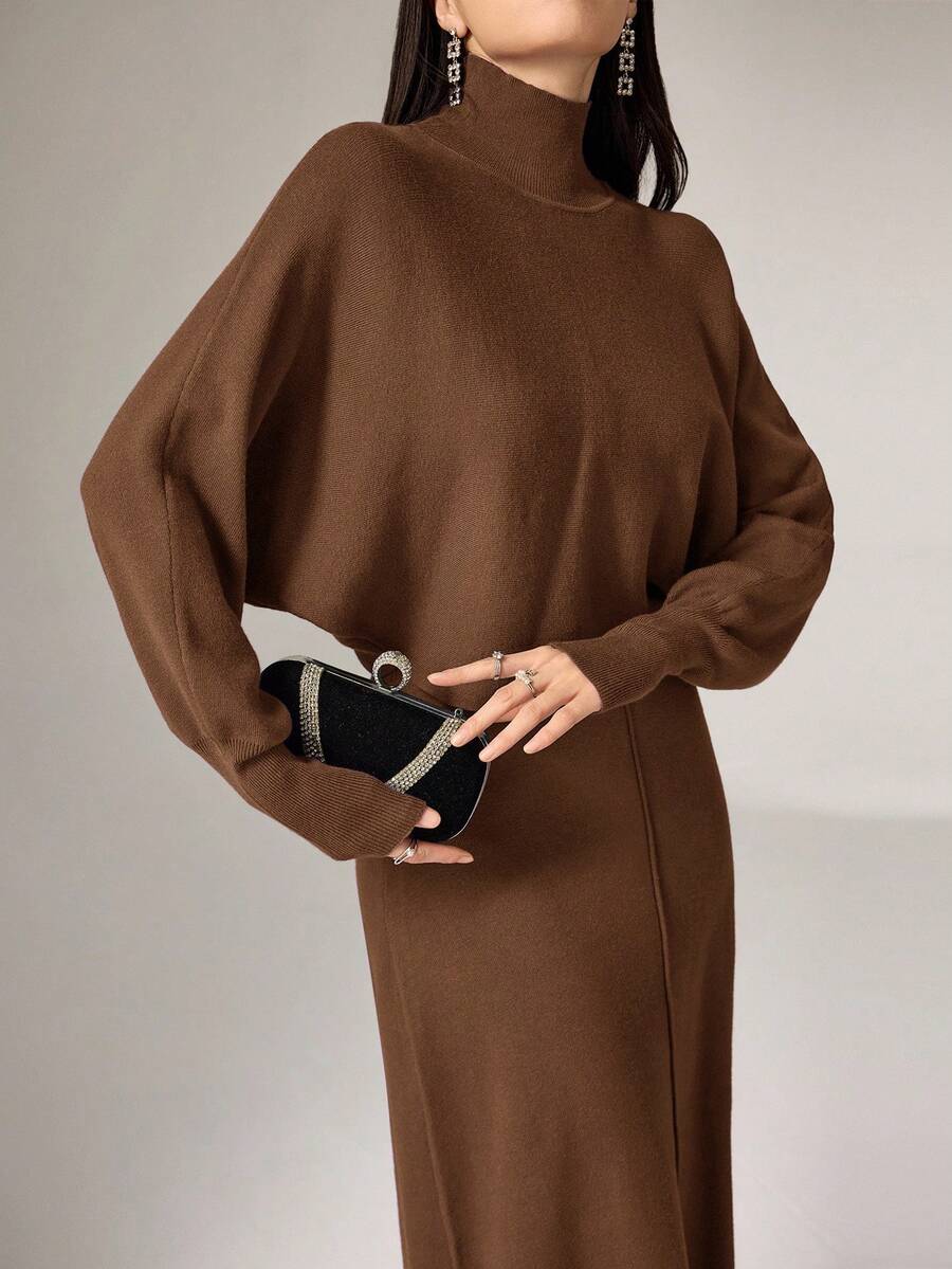Modelyn 2 件套女士休闲简约优雅高领蝙蝠袖毛衣和连衣裙，秋冬 2 件套 - 咖啡棕 - 查看 1