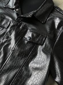 Manfinity LEGND 男士休闲 PU 皮革黑色衬衫，街头通勤。 - 黑色 - 查看 7