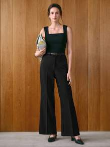 Uhlyne Fall Women Clothes Women's Casual Business Minimalist Design Pocket Flared Woven Pants Casual Outfits Spring - Black - View 2